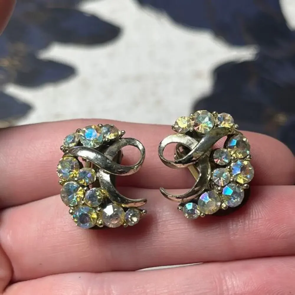 Vintage Crescent Silver Tone Sparkling AB Aurora Borealis Earrings